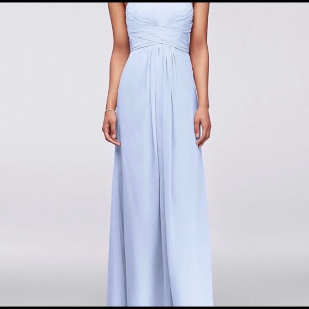 Ice blue David’s bridal strapless dress